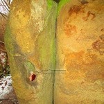 Смотрите по стрелке, артефакт в виде шарика, на фоне отверстия в стенке дольмена, в которую туристы насовали конфет...